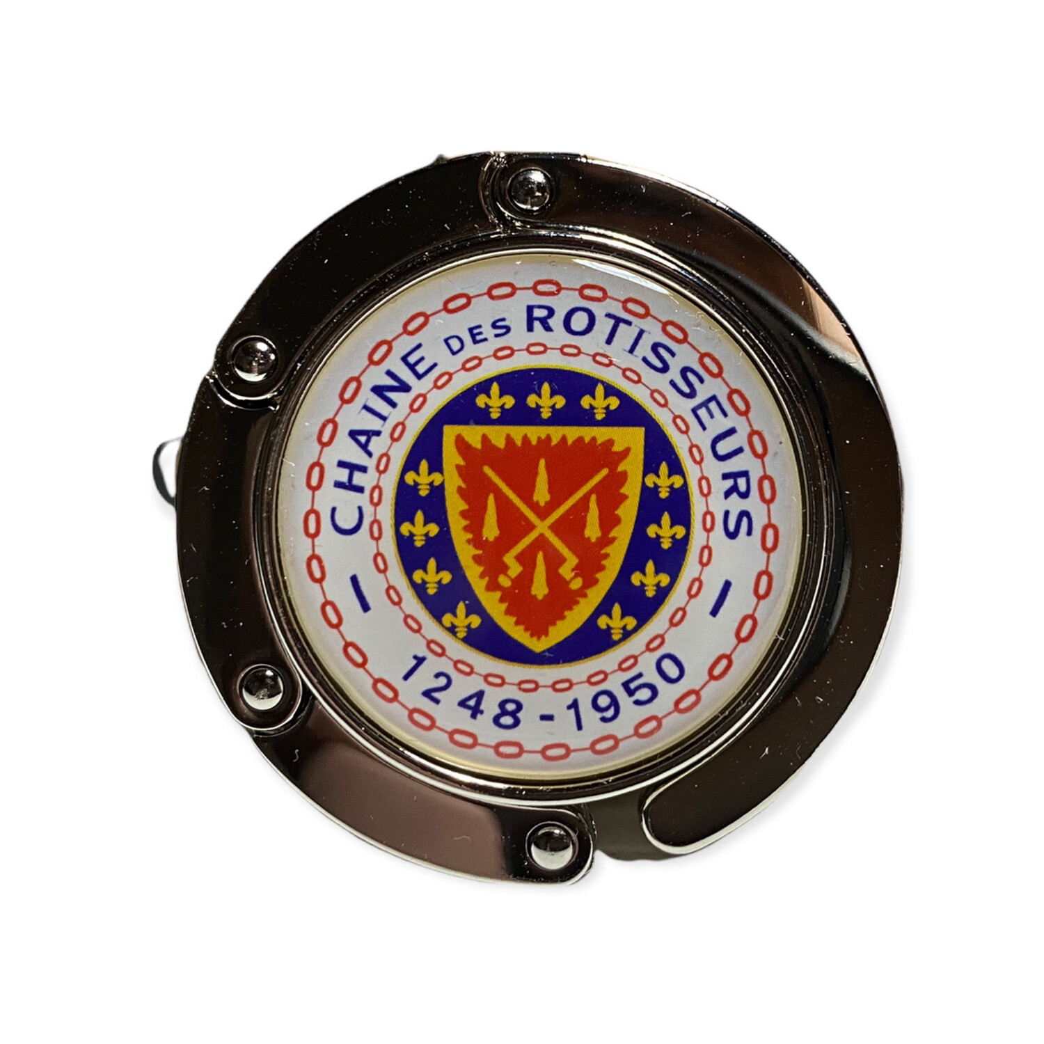 Laukkukoukku, monivärisellä Rôtisseurs-logolla