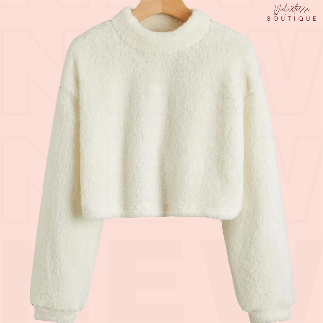 Pullover teddy corto de hombros caídos de cuello alto