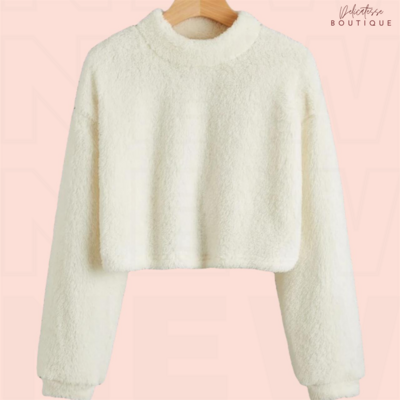 Pullover teddy corto de hombros caídos de cuello alto