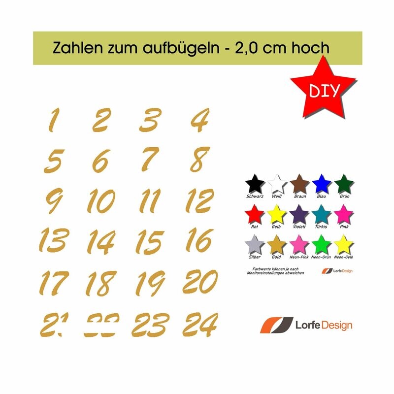 Zahlen zum aufbügeln / 1 - 24 / 2,0 cm hoch / Bügelzahlen / Bügelbild / Adventskalender / Farbauswahl