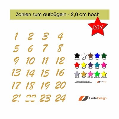 Zahlen zum aufbügeln / 1 - 24 / 2,0 cm hoch / Bügelzahlen / Bügelbild / Adventskalender / Farbauswahl