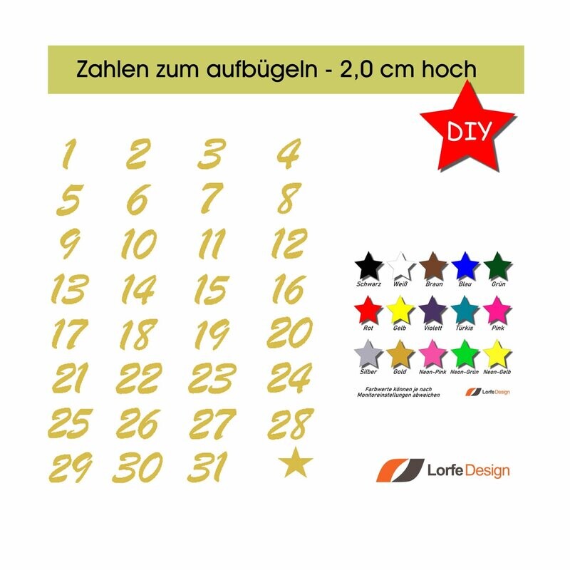 Zahlen zum aufbügeln / 1 - 31 / 2,0 cm hoch / Bügelzahlen / Bügelbild / Kalender / Farbauswahl