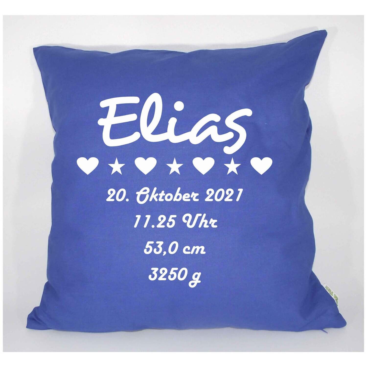Kissen zur Geburt / Geschenkkissen für Jungen / personalisert mit Namen und Geburtsdaten / Farbauswahl