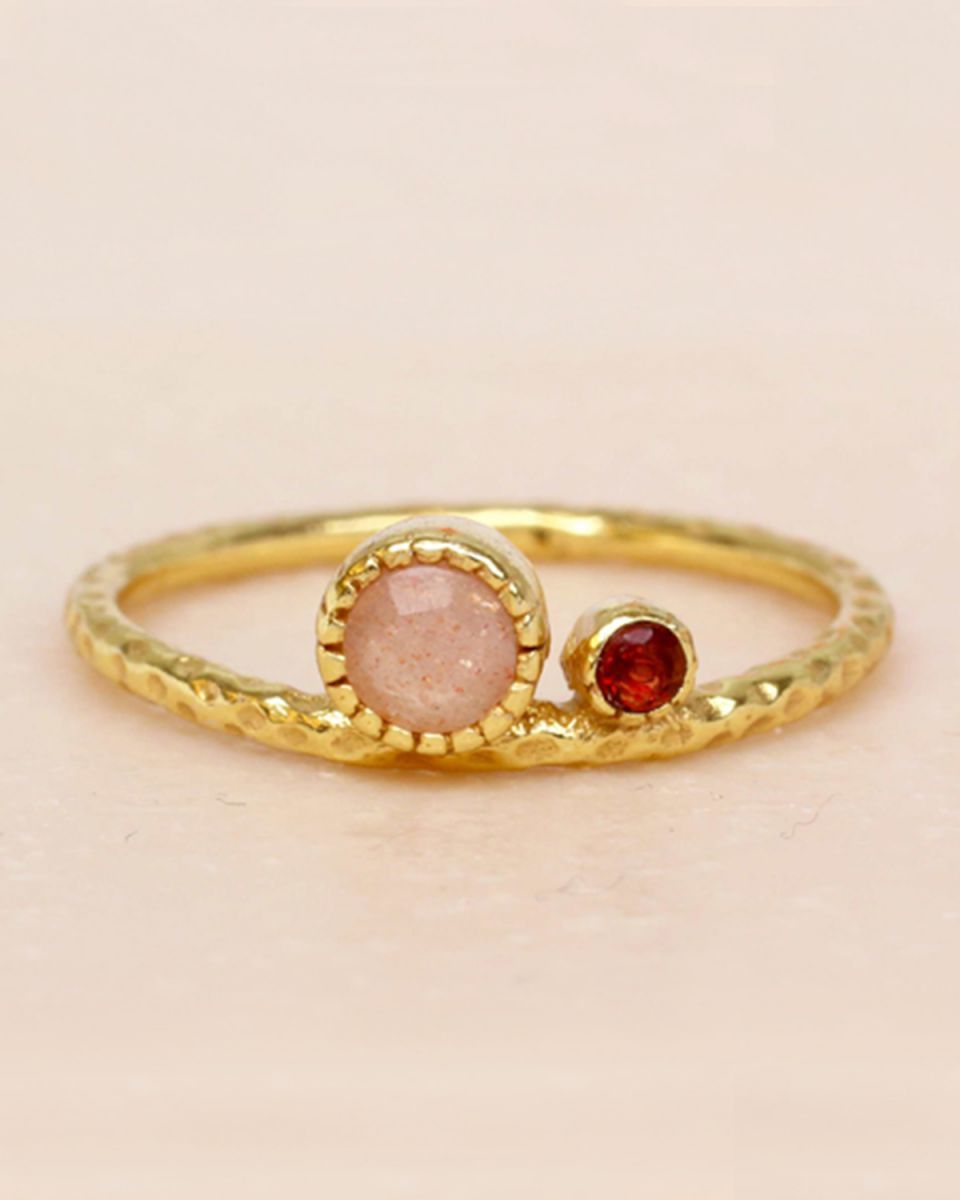 MUJA Ring peach moonstone & garnet big & small gold plated, size 54