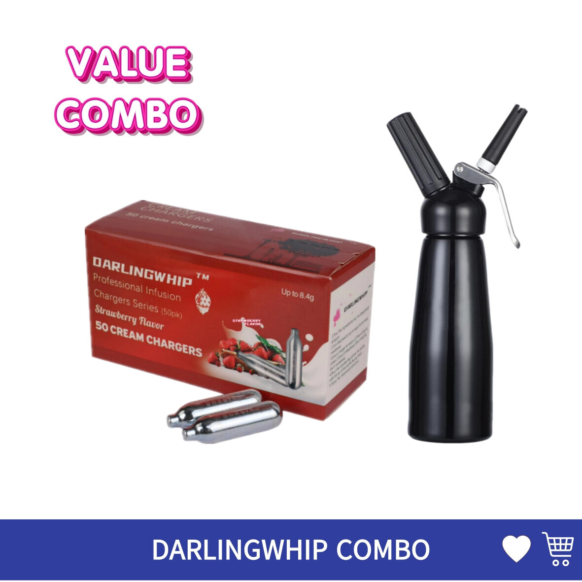Cream Chargers: 8.4g Darlingwhip Strawberry + 0.5L Whipper VALUE COMBO