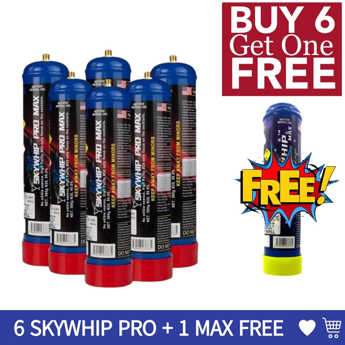 Cream Chargers: 6x 580g Cylinder Skywhip Pro Max BUY 6 GET 1 FREE delivery