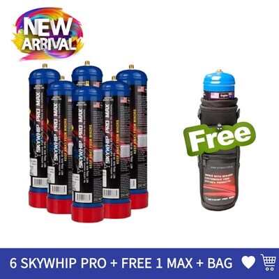 Cream Chargers: 6x 580g Cylinder Skywhip Pro Max + Free Tank & Bag