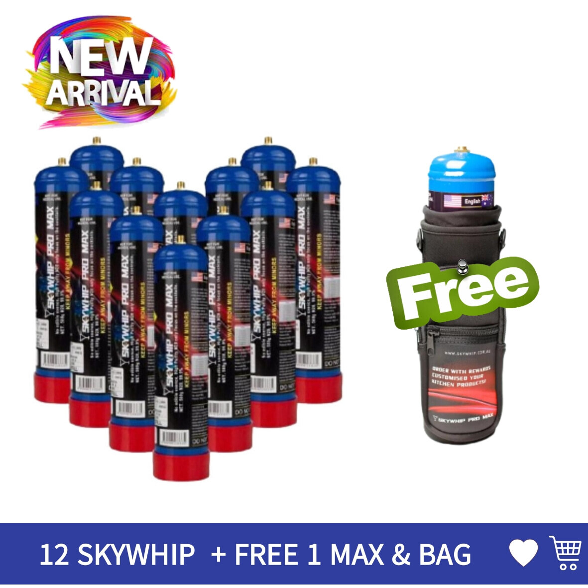 Cream Chargers: 12 x 580g Cylinder Skywhip Pro Max + Free Max & Bag