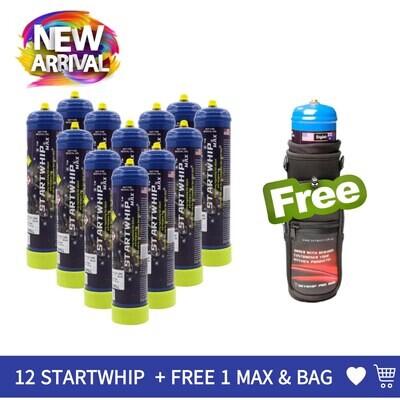 Cream Chargers: 12 x 580g Cylinder Startwhip Max + Free Max & Bag