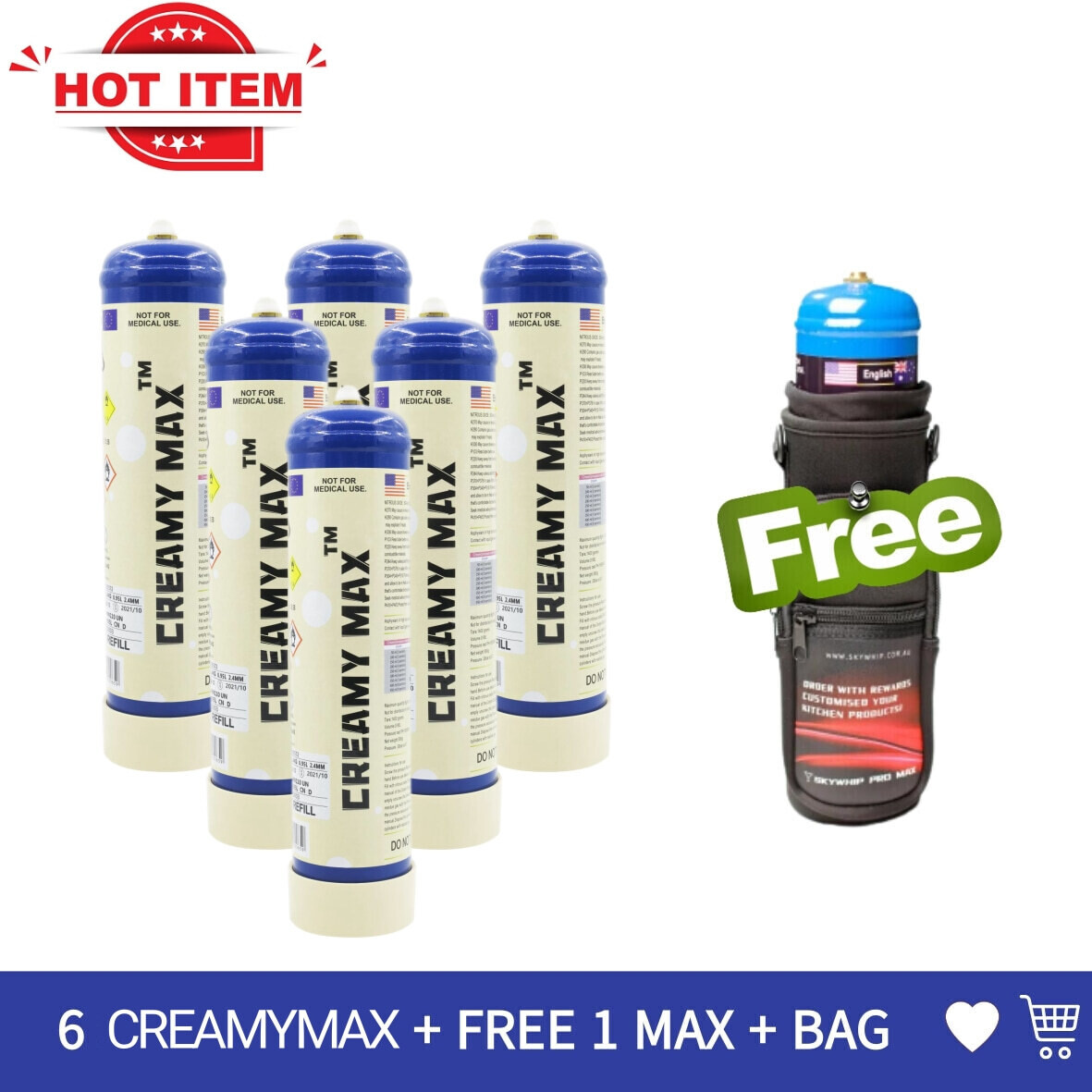 Cream Chargers: 6x 580g Cylinder Creamy Max + Free Tank & Bag