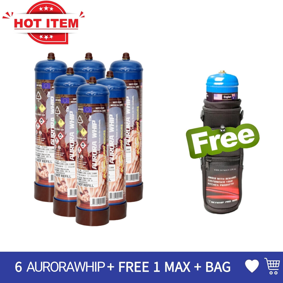 Cream Chargers: 6x 580g Cylinder Aurora Whip Max + Free Tank & Bag