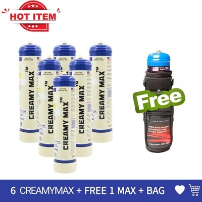 Cream Chargers: 6x 580g Cylinder Creamy Max + Free Tank & Bag