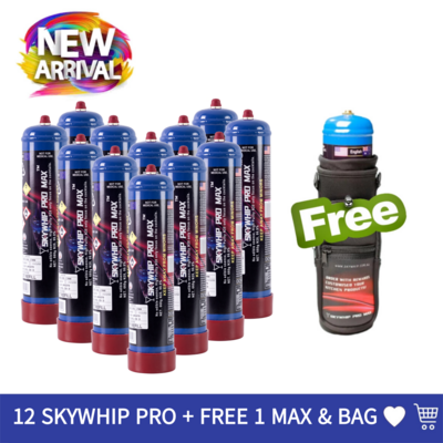 Cream Chargers: 12 x 660g Cylinder Skywhip Pro Max + Free Max & Bag