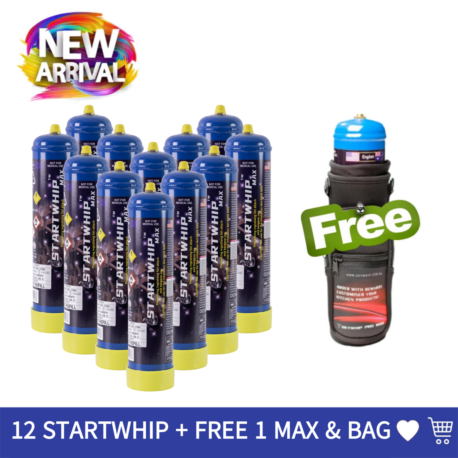 Cream Chargers: 12 x 660g Cylinder Startwhip Max + Free Max & Bag
