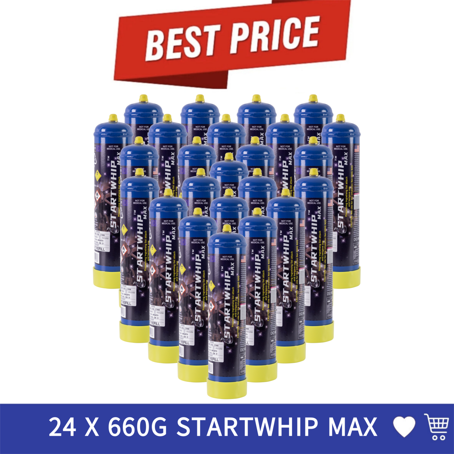 Cream Chargers: 24 x 660g Cylinder Startwhip Max + Pressure Release Nozzle