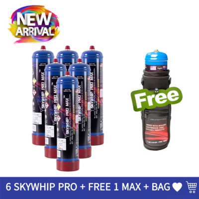Cream Chargers: 6x 660g Cylinder Skywhip Pro Max + Free Tank & Bag