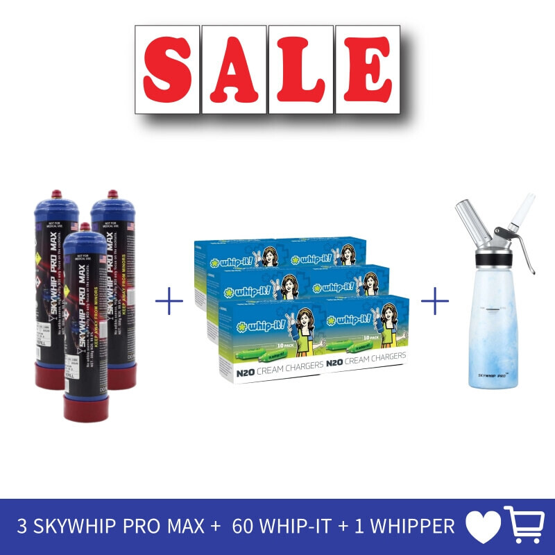 Cream Chargers: 3 x 660g Cylinder Skywhip Pro Max+ 60 bulbs 8g Whip-it Profesional + 0.5L Whipper Value Combo