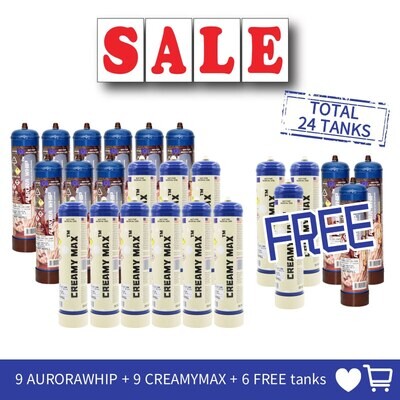 Cream Chargers: 9 x 1.1L + 9 x 660g Cylinder Cream Chargers + 6 Free Tank Value Combo