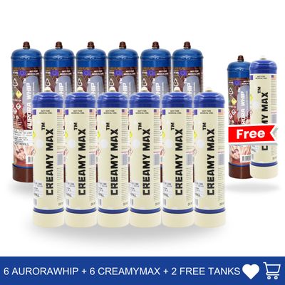 Cream Chargers: 6 x 1.1L + 6 x 660g Cylinder Cream Chargers + 2 Free Tanks Value Combo