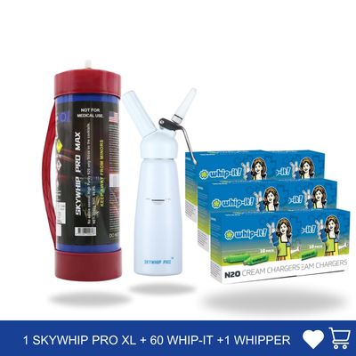 Cream chargers: 1 x 3.3L Cylinder Cream Charger + 60 Bulbs 8g Whip-it Professional + 0.5L Whipper Value Combo