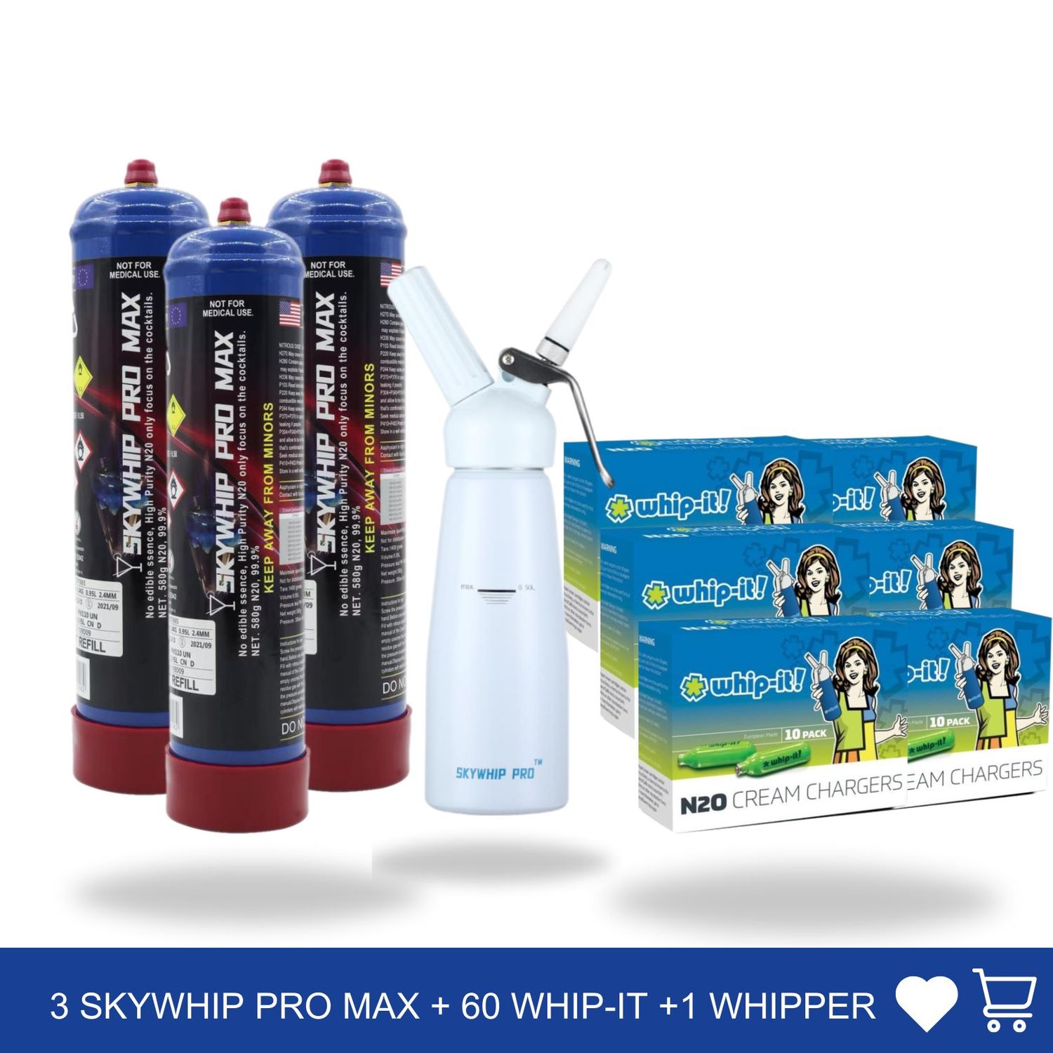 Cream Chargers: 3 x 660g Cylinder Skywhip Pro Max+ 60 bulbs 8g Whip-it Profesional + 0.5L Whipper Value Combo
