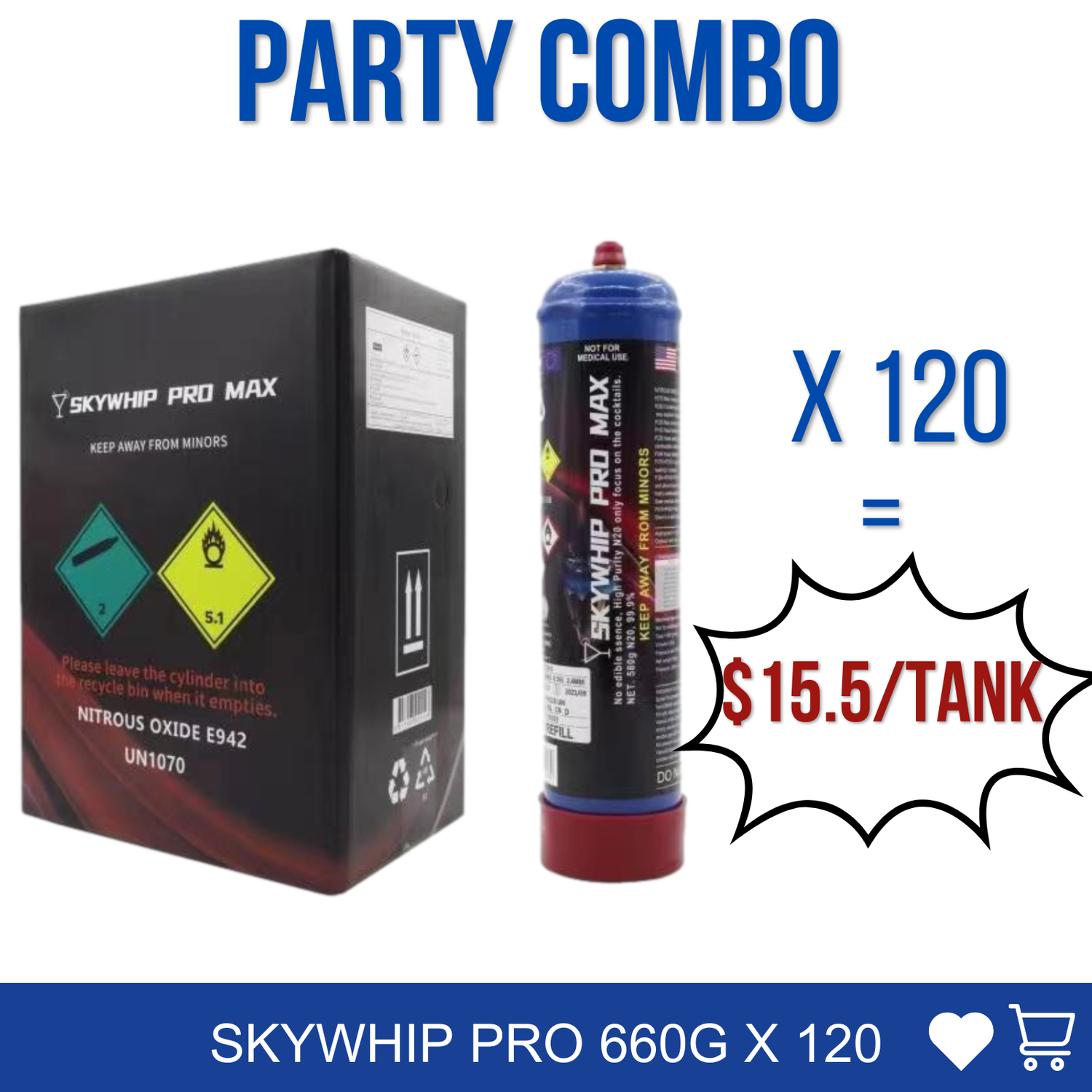 PARTY COMBO: 120 X 660g Cylinder Skywhip Pro Max  + Pressure Release Nozzle