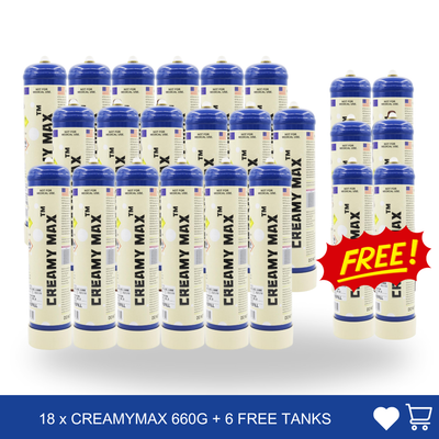 Cream Chargers: 18 x 1.1L Cylinder Cream Chargers + 6 Free Tank Value Combo
