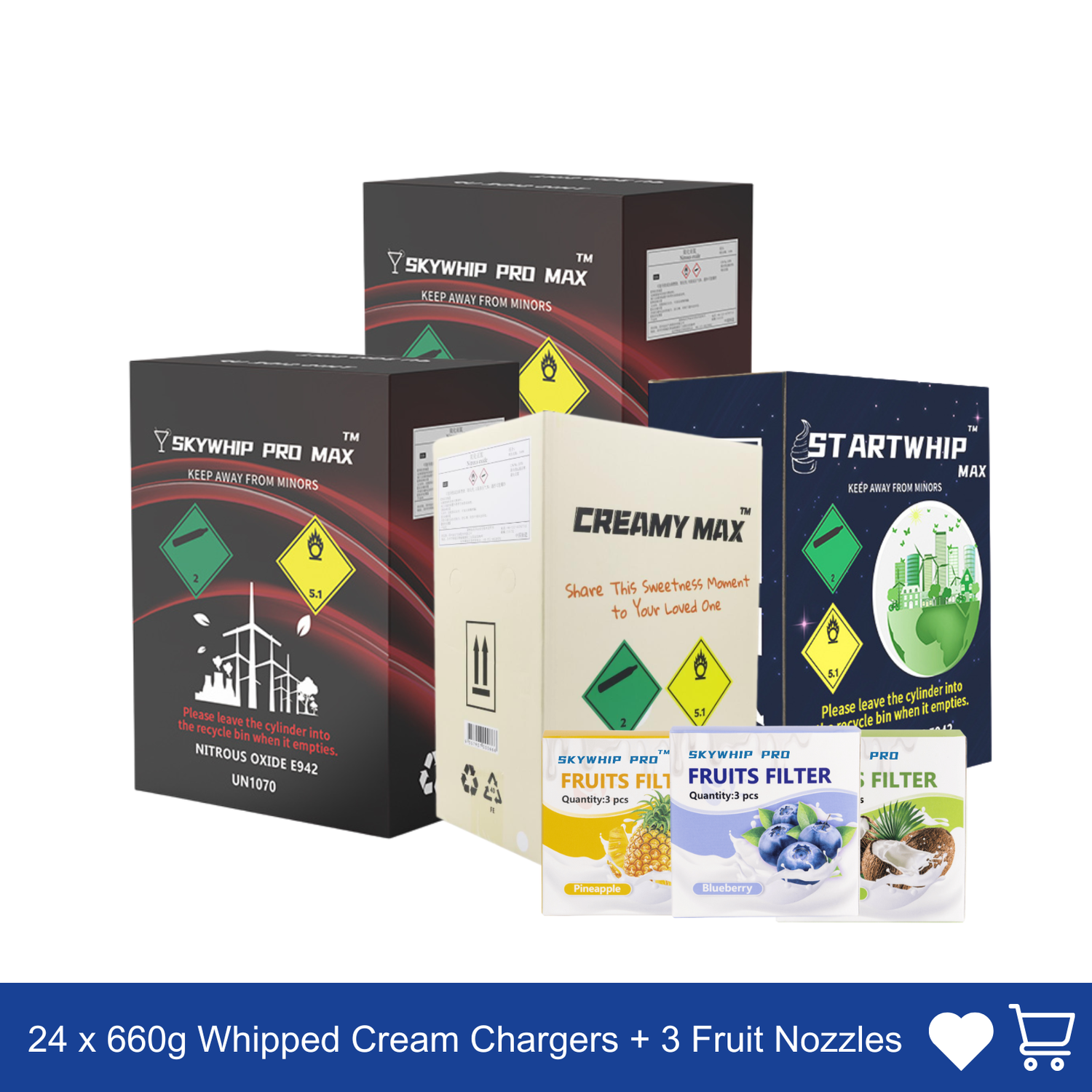 Party Offer: 24 x 660g Cylinder Cream Chargers + 3 Fruit Nozzles Combo