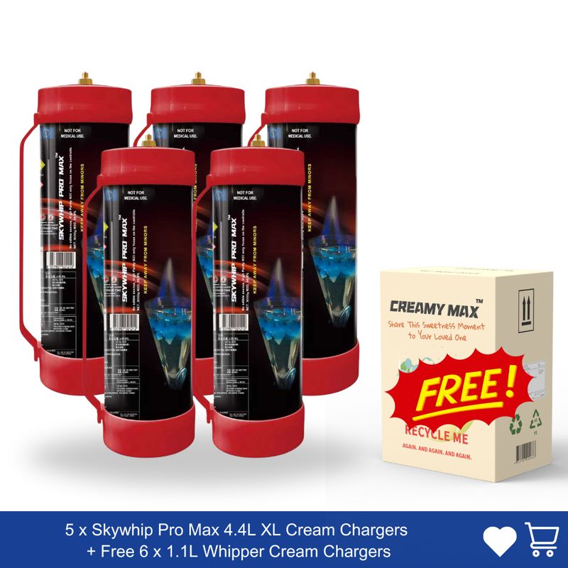 Party Offer: 5 x Skywhip Pro Max 4.4L XL Cream Chargers + Free 6 x 1.1L Whipper Cream Chargers