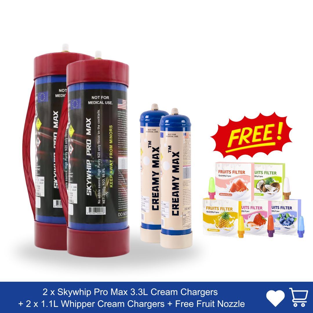 2 x Skywhip Pro Max 3.3L Cream Chargers  + 2 x 660G Whipper Cream Chargers + Free Fruit Nozzle