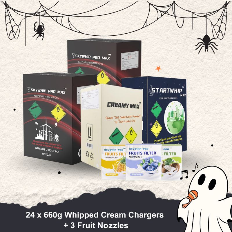 LARGE Offer: 24 x 660g Cylinder Cream Chargers + 3 Fruit Nozzles Combo