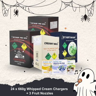 LARGE Offer: 24 x 660g Cylinder Cream Chargers + 3 Fruit Nozzles Combo