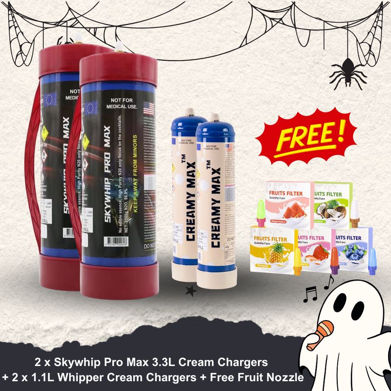 2 x Skywhip Pro Max 3.3L Cream Chargers  + 2 x 660G Whipper Cream Chargers + Free Fruit Nozzle