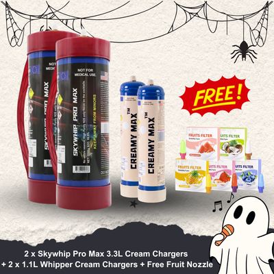 2 x Skywhip Pro Max 3.3L Cream Chargers  + 2 x 660G Whipper Cream Chargers + Free Fruit Nozzle