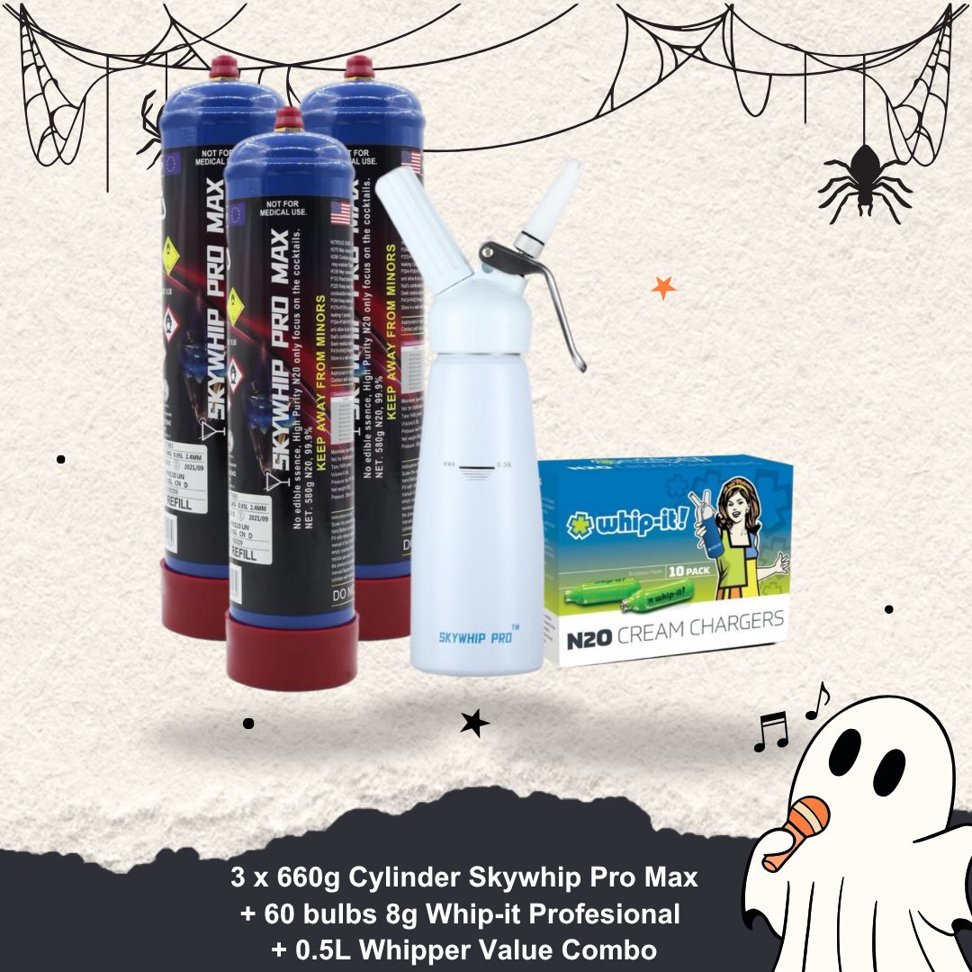 Cream Chargers: 3 x 660g Cylinder Skywhip Pro Max+ 60 bulbs 8g Whip-it Profesional + 0.5L Whipper Value Combo