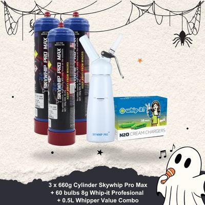 Cream Chargers: 3 x 660g Cylinder Skywhip Pro Max+ 60 bulbs 8g Whip-it Profesional + 0.5L Whipper Value Combo