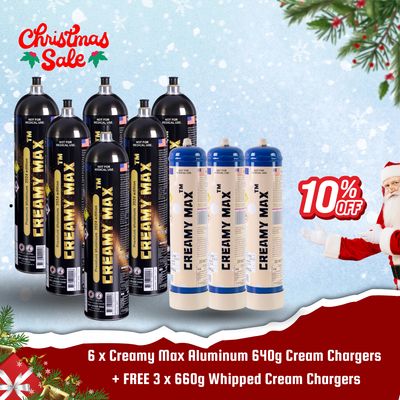 Cream Chargers: 6 x 640g Creamy Max Aluminum Cream Chargers BUY 6 GET 3 FREE delivery