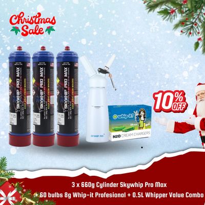 Cream Chargers: 3 x 660g Cylinder Skywhip Pro Max+ 60 bulbs 8g Whip-it Profesional + 0.5L Whipper Value Combo