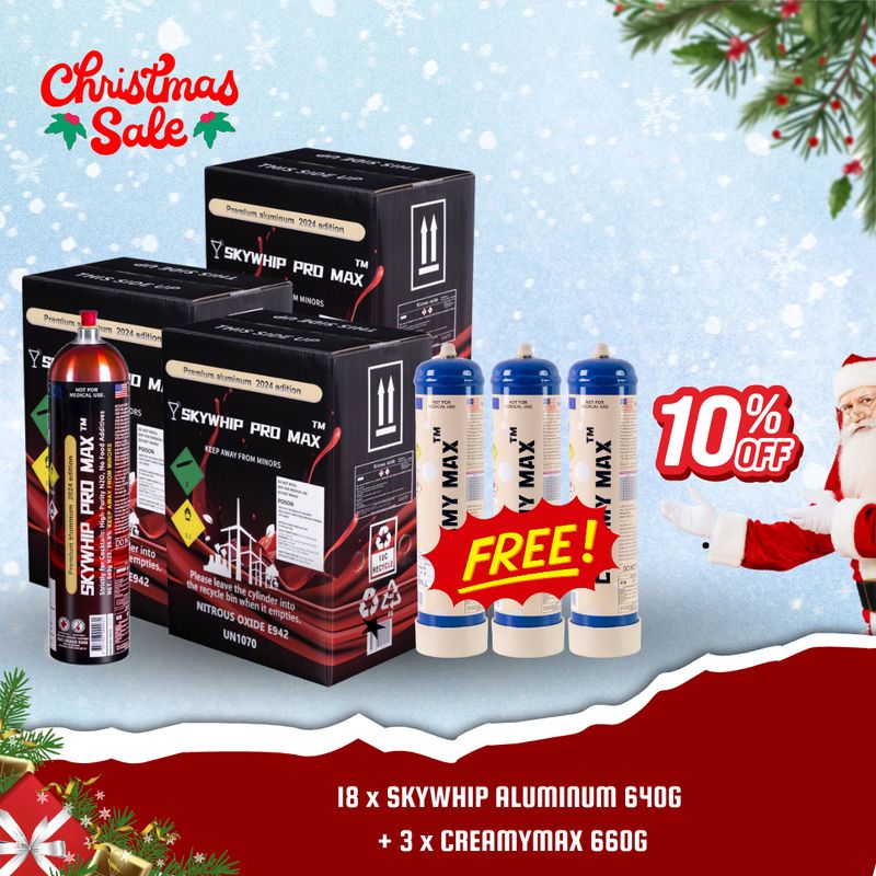 Cream Chargers: 18 x SKYWHIP ALUMINUM 640G + 3 x CREAMYMAX 660G