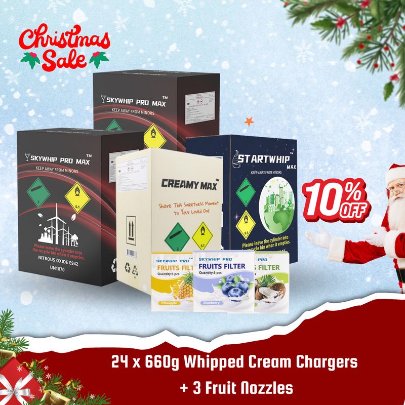 LARGE Offer: 24 x 660g Cylinder Cream Chargers + 3 Fruit Nozzles Combo