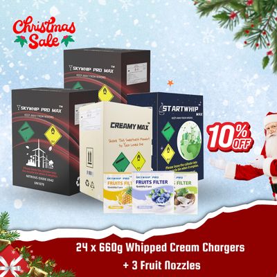 LARGE Offer: 24 x 660g Cylinder Cream Chargers + 3 Fruit Nozzles Combo