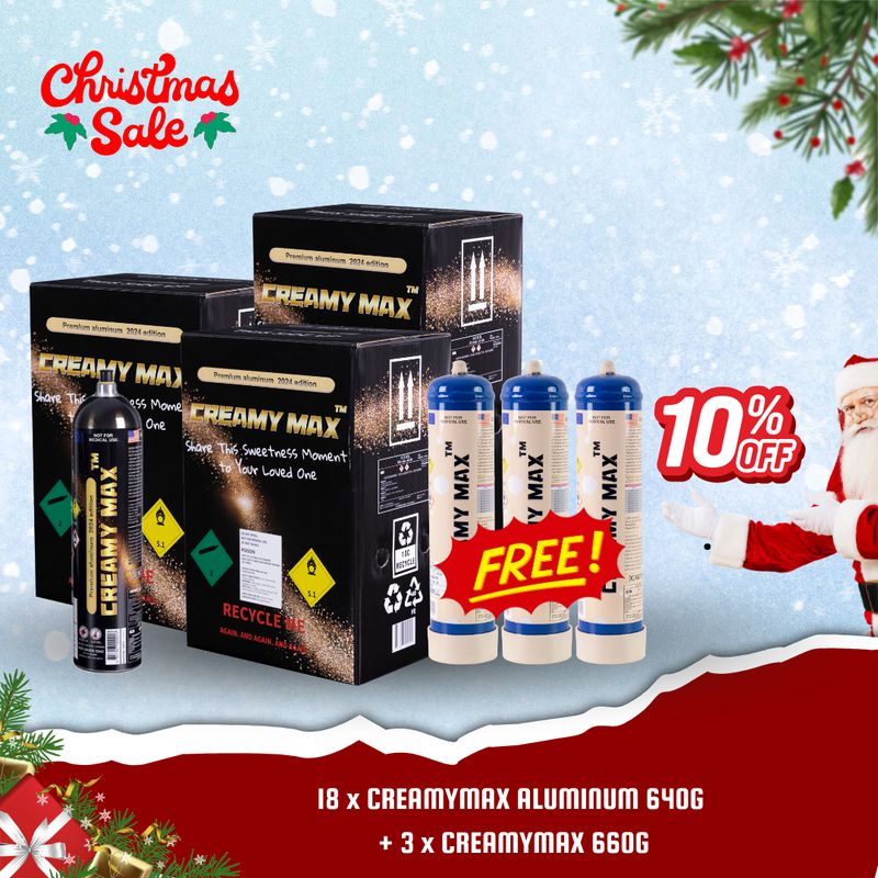 Cream Chargers: 18 x CREAMYMAX ALUMINUM 640G + 3 x CREAMYMAX 660G