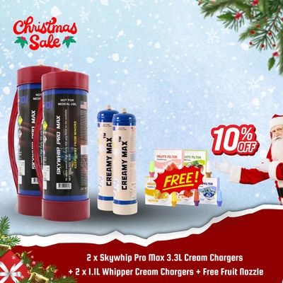 Cream Chargers: 2 x Skywhip Pro Max 3.3L + 2 x 660G Whipper Cream Chargers + Free Fruit Nozzle