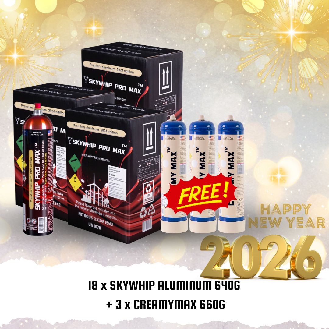 Cream Chargers: 18 x SKYWHIP ALUMINUM 640G + 3 x CREAMYMAX 660G