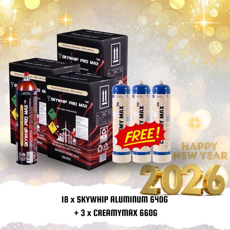 Cream Chargers: 18 x SKYWHIP ALUMINUM 640G + 3 x CREAMYMAX 660G