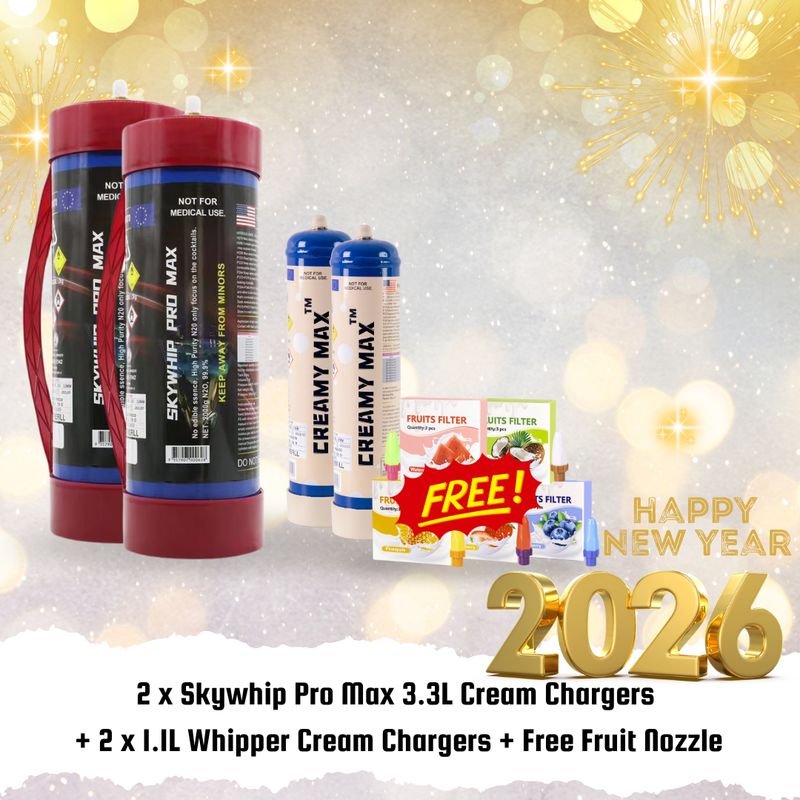 Cream Chargers: 2 x Skywhip Pro Max 3.3L + 2 x 660G Whipper Cream Chargers + Free Fruit Nozzle