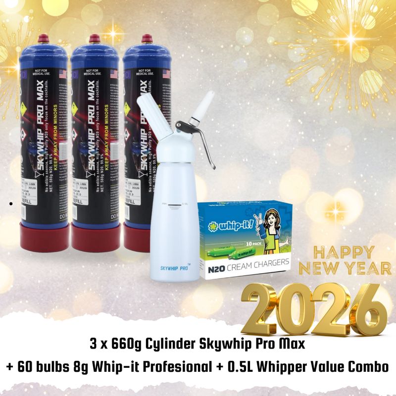 Cream Chargers: 3 x 660g Cylinder Skywhip Pro Max+ 60 bulbs 8g Whip-it Profesional + 0.5L Whipper Value Combo