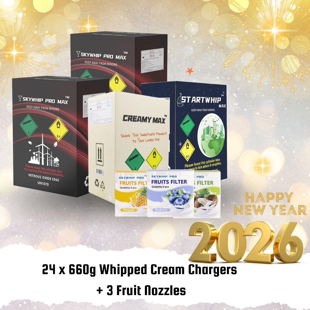 LARGE Offer: 24 x 660g Cylinder Cream Chargers + 3 Fruit Nozzles Combo