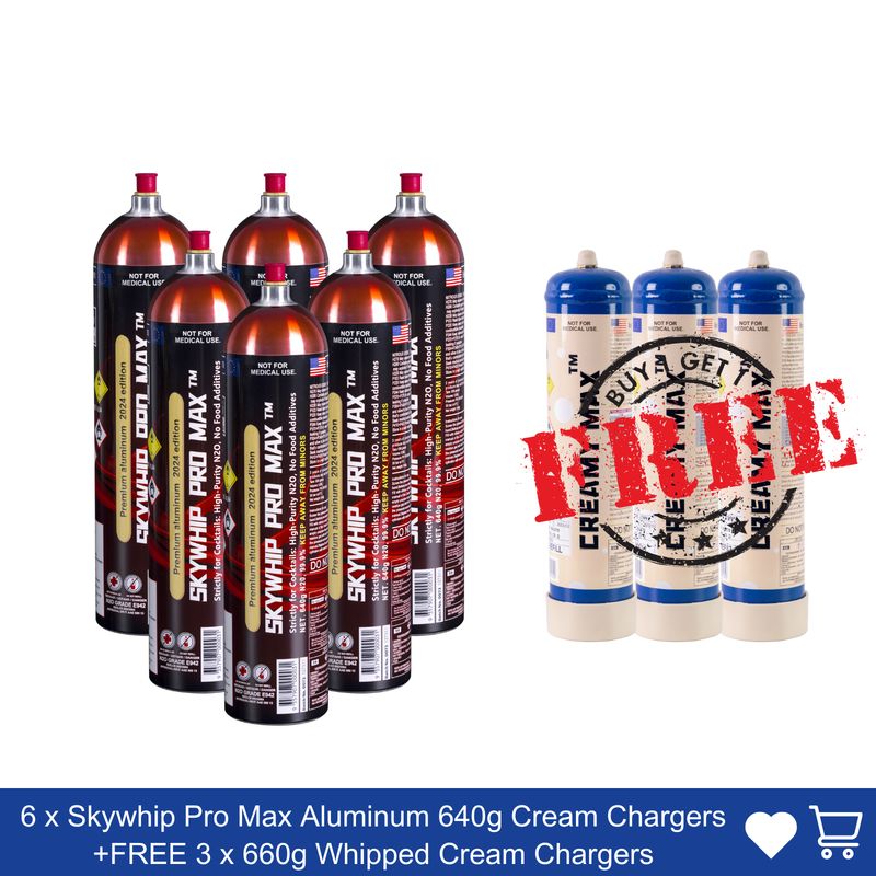 Cream Chargers: 6 x 640g Skywhip Pro Max Aluminum Cream Chargers BUY 6 GET 3 FREE delivery
