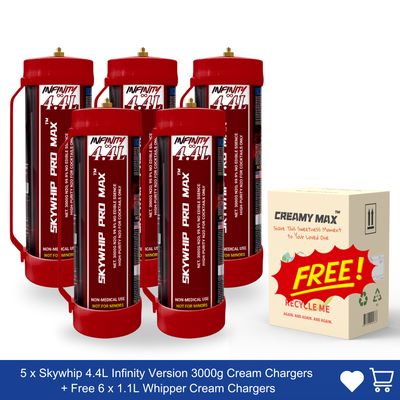 Large Offer: 5 x Skywhip 4.4L Infinity Version 3000g Cream Chargers + Free 6 x 1.1L Whipper Cream Chargers